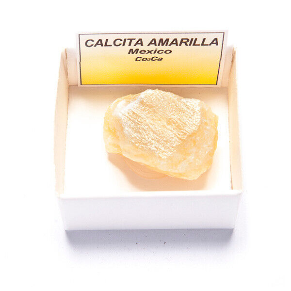CALCITE JAUNE-ORANGE dans une boîte de collection 4x4 / Boîte de collection de minéraux