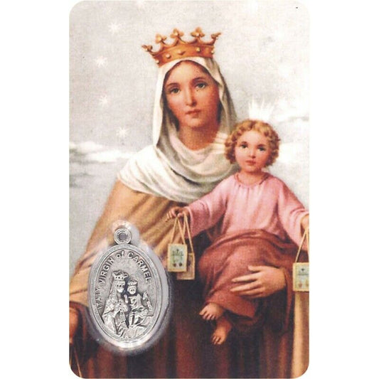 Virgin Carmen and Heart Jesus Print with Medal (Oval) / Religious Card 